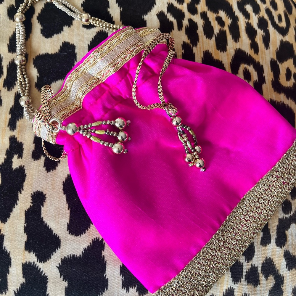 HOT PINK GOLD INDIAN SMALL HAND BAG